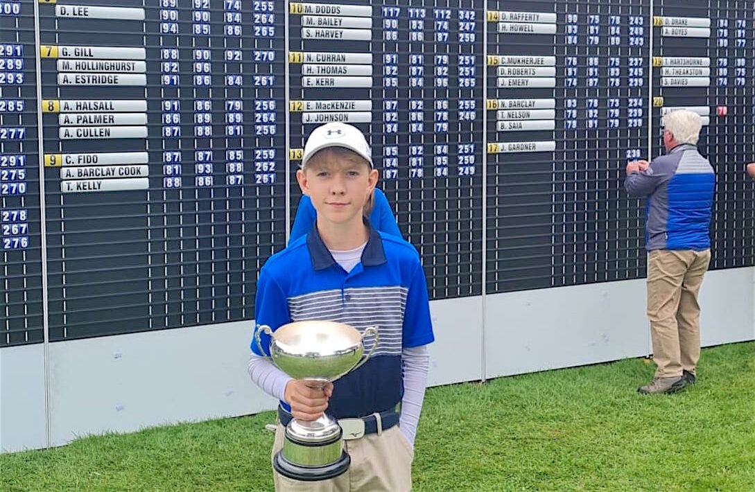 A GRIN UP NORTH: James Brash with the North of England U-14s Open Stroke Play Championship trophy