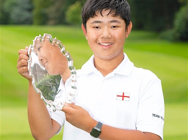 MOMENT TO REFLECT: England U-14s champion Kris Kim (Walton Heath). Picture courtesy of Leaderboard Golf