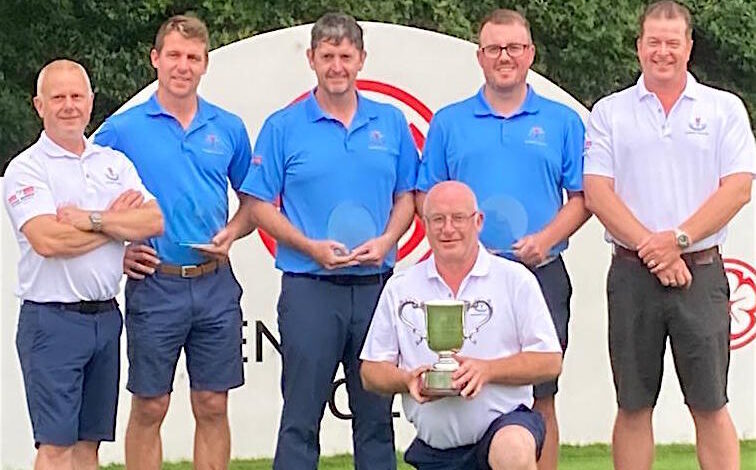 The winning Spalding team, from left to right, back row: Trev Laud (caddy), Darryn Lloyd, James Crampton, Simon Richardson, Nick Holmes (caddy). Front row: Paul Johnson (manager/caddy).