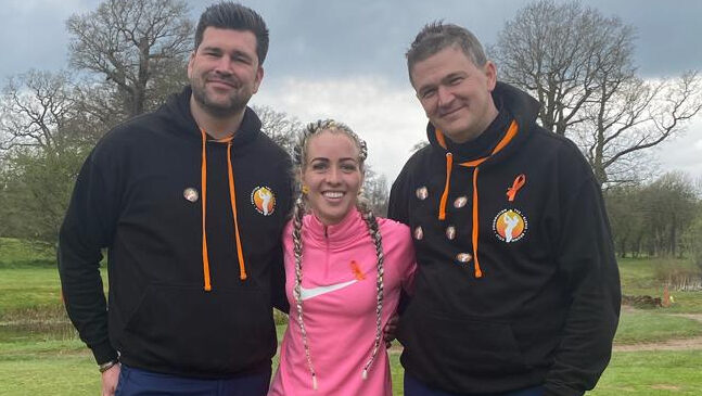 Ben Peter (left) and Phil Grimwood with Welsh professional Hannah Bowen at the Elexis Brown Golf Foundation Charity Day