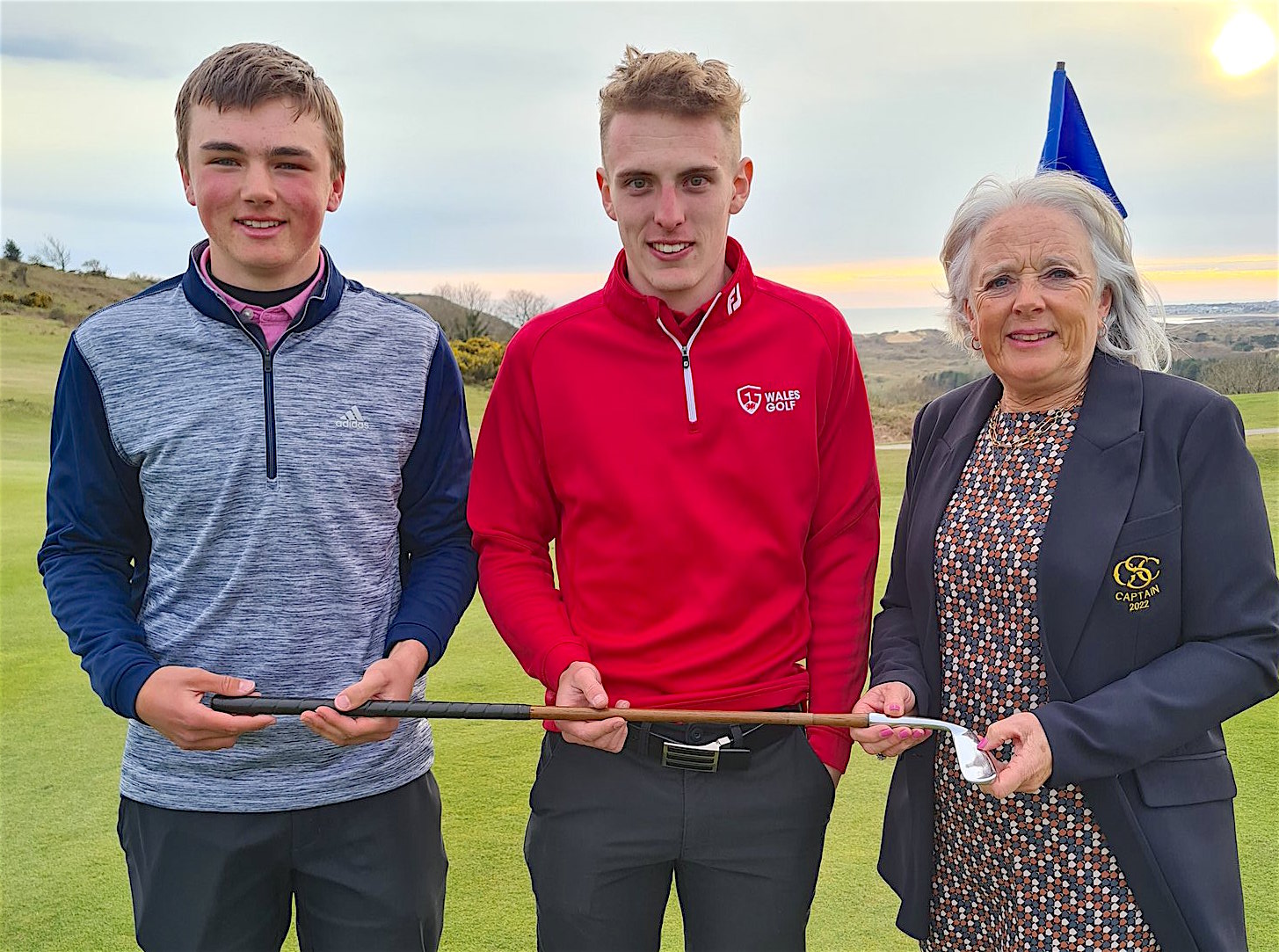 Joint Duncan Putter winners Tom Bastow (left) Sean David with Southerndown captain Claire Davies