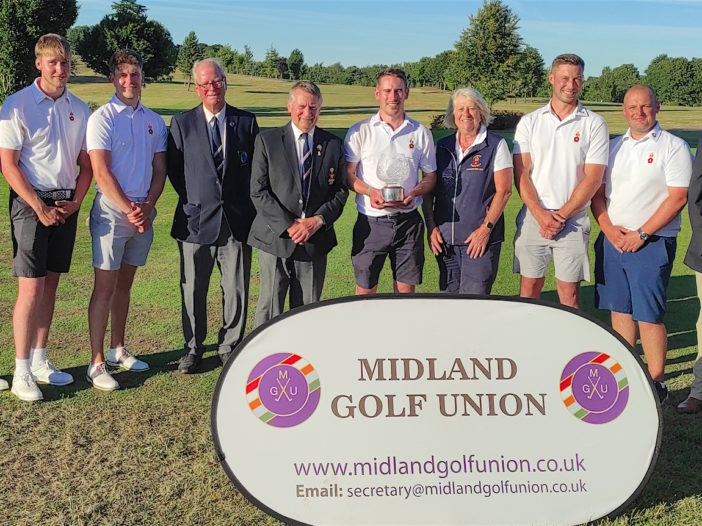 The victorious Derbyshire team at Overstone Park with officials from Derbyshire and the Midland Golf Union