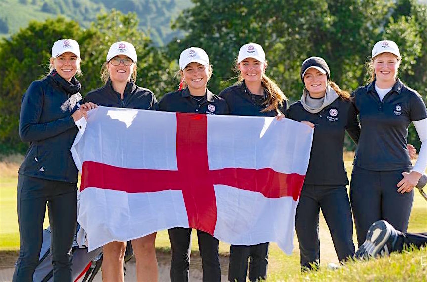 The title-winning England team at Conwy. From the left: Annabell Fuller, Amelia Williamson, Rosie Belsham, Caley McGinty, Charlotte Heath, Lottie Woad