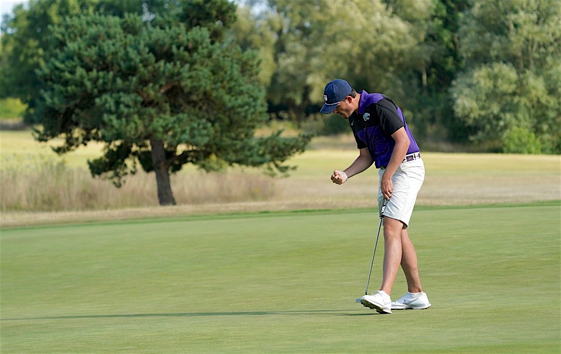 Will Hopkins celebrates holing out for birdie on the 18th at Castle Royle
