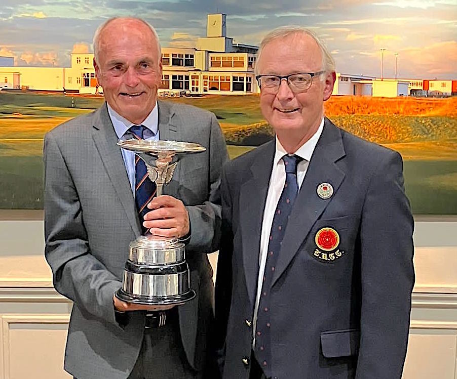 Lancashire Union Collinge Trophy champion Joe Sawbridge with county President Dr Jerry Martin