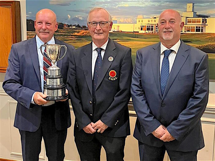 Hurlston Hall duo Paul Jackson (left) and Andrew Wilson with Lancashire President Dr Jerry Martin (centre)