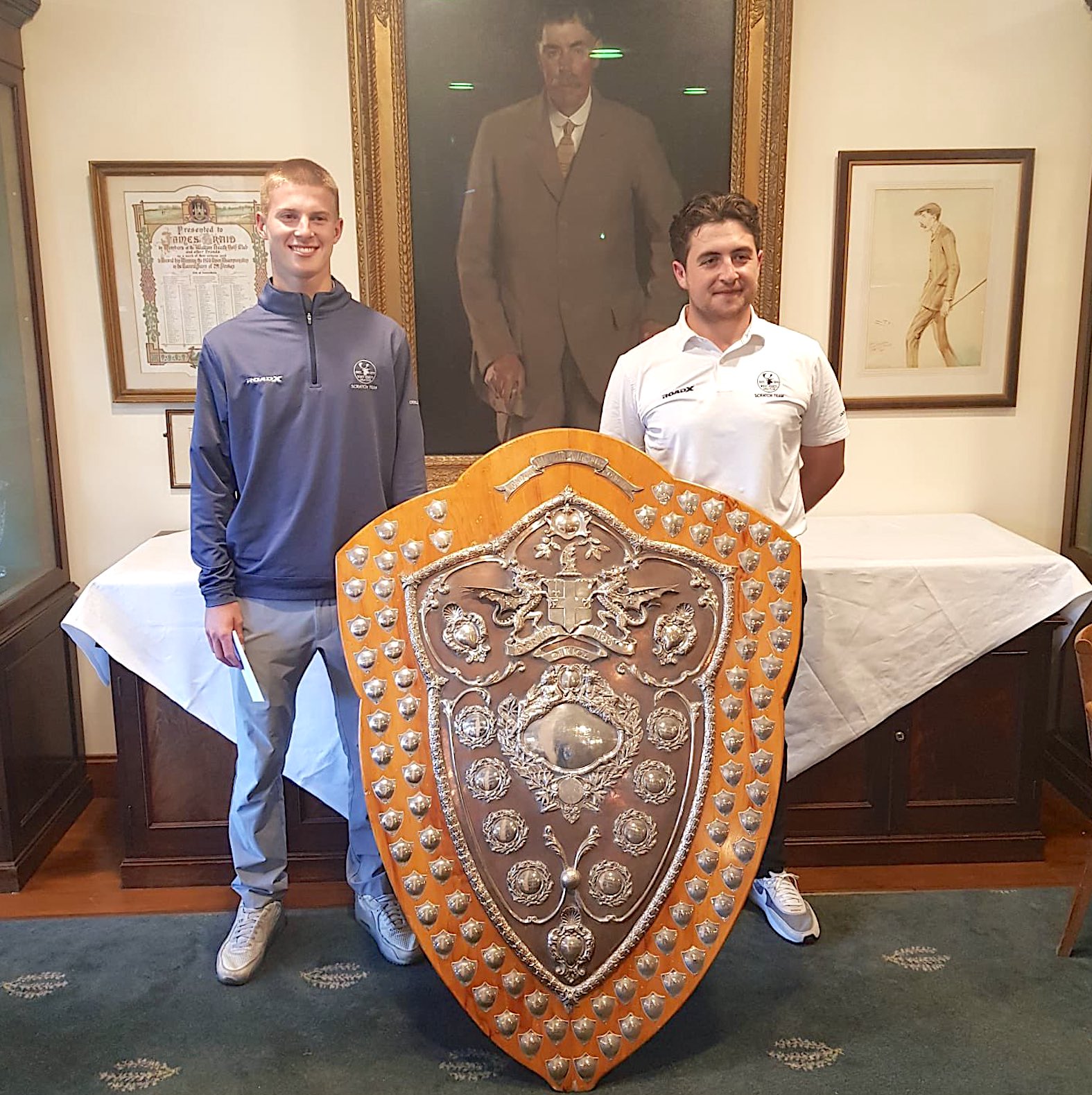 Zach Little (left) and Sean Kelly with the London Amateur Foursomes Trophy