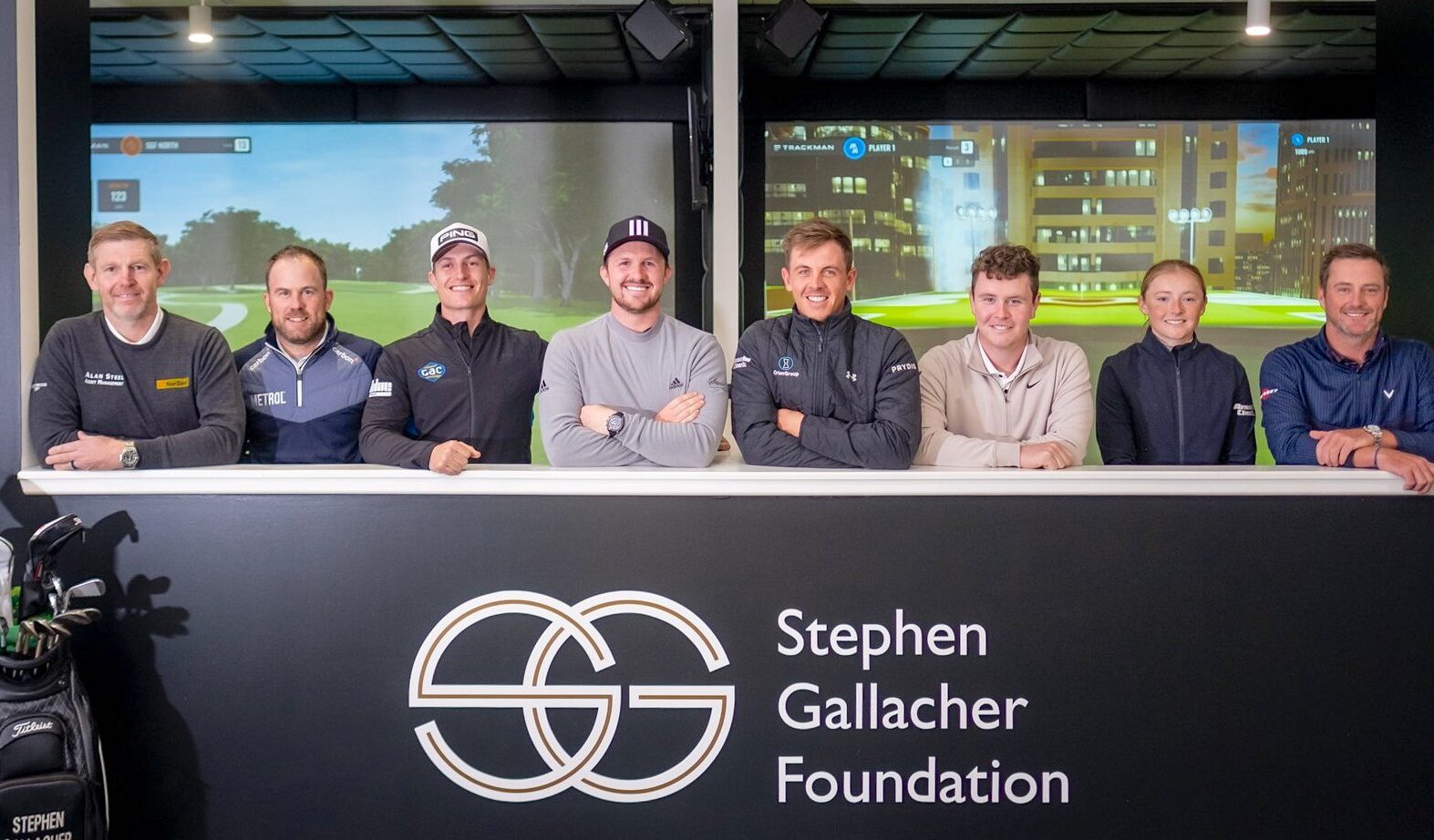 Stephen Gallacher with, from the left: Richie Ramsey, Calum Hill, Connor Syme, Grant Forrest, Bob MacIntyre, Louise Duncan and Marc Warren.