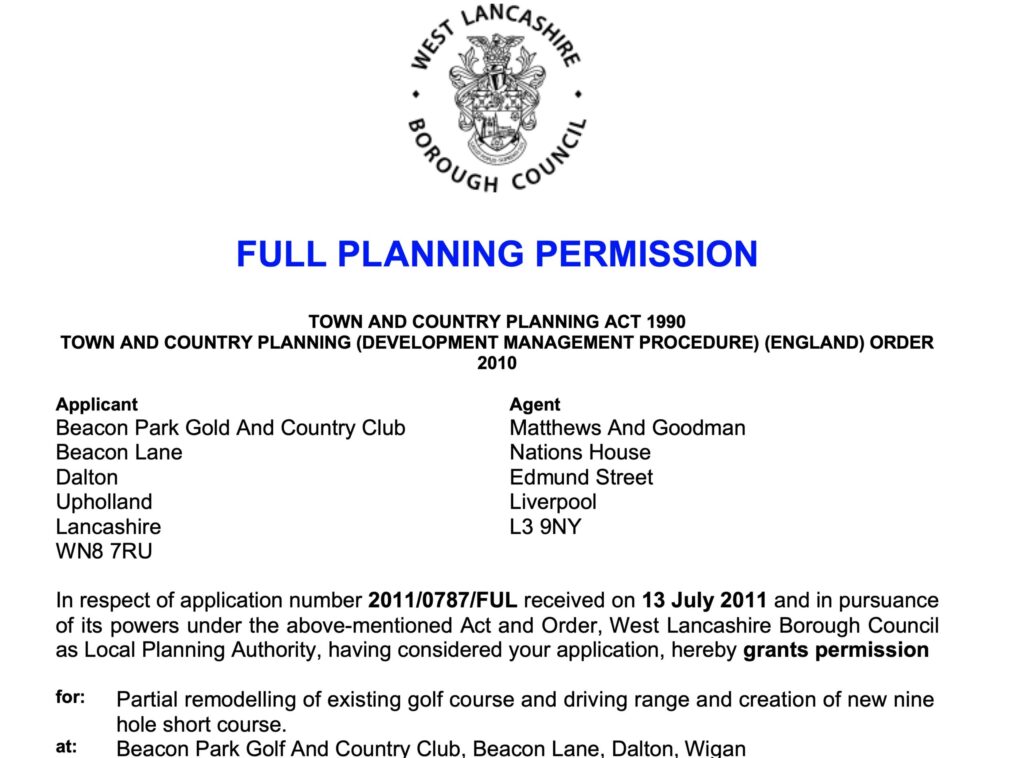 GOLD? The odd planning application decision notice which lists the applicant at Beacon Park Gold and Country Club