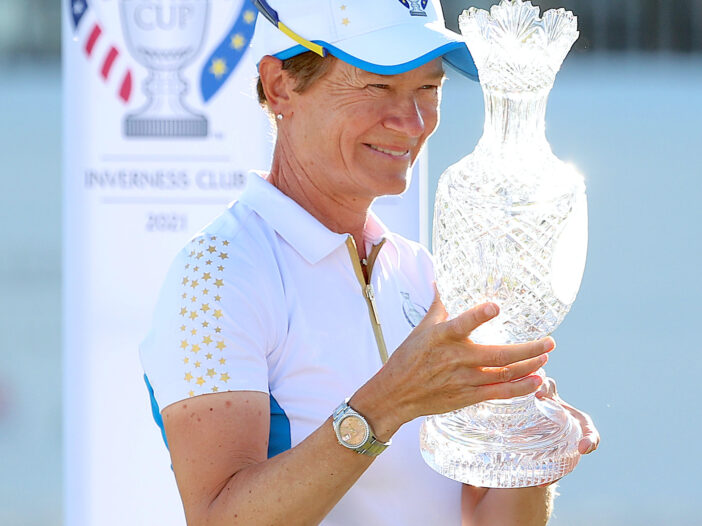 Team Europe Captain Catriona Matthew poses with the Solheim Cup after their win over Team USA at the Inverness Club in 2021