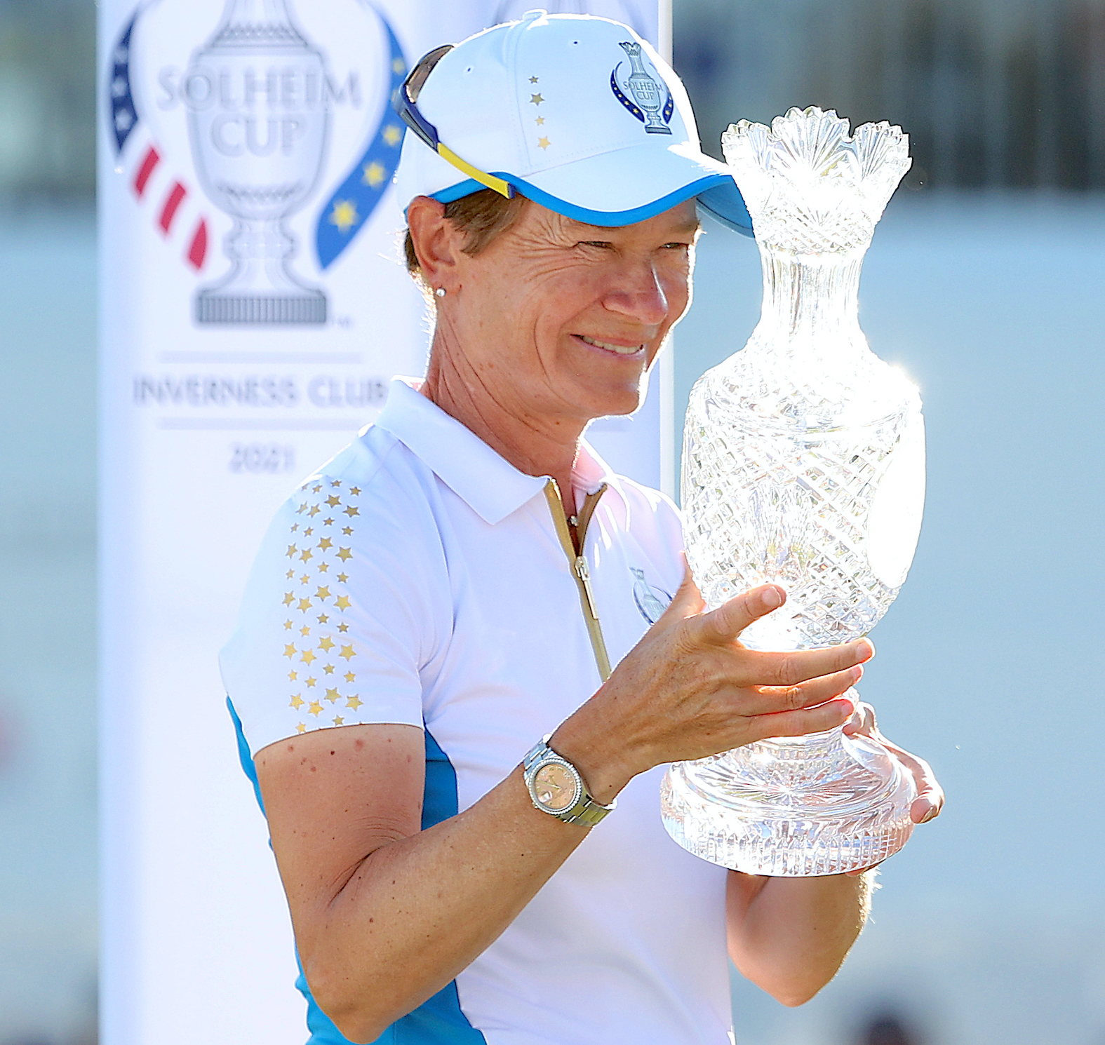 Team Europe Captain Catriona Matthew poses with the Solheim Cup after their win over Team USA at the Inverness Club in 2021
