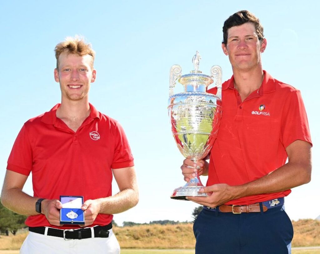 Ronan Kleu of Switzerland (left) finished runner-up to South African Christo Lamprecht in The 128th Amateur Championship Final at Hillside