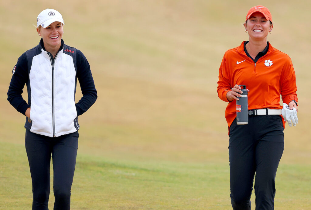 Chiara Horder of Germany (left) and Annabelle Pancake of United States chat during the final of the Women's Amateur