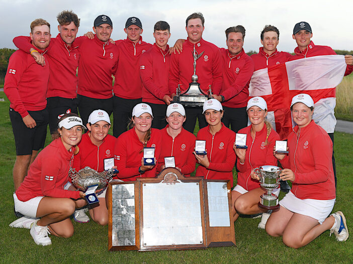 Team England pose for a photo with their trophies after winning the overall combined Women's and Men's matches during the final day of the Women's and Men's Home Internationals at Machynys. Photo: Getty Images