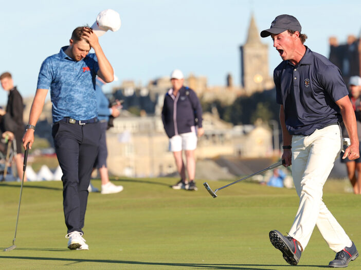 David Ford celebrates beating Alex Maguire as the USA retain the Walker Cup at St Andrews