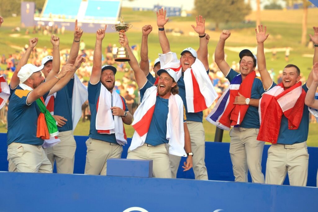 Tommy Fleetwood with his jubilant Ryder Cup team-mates